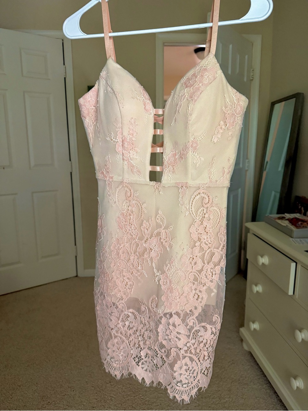 bebe Pink Lace Strappy Mini Dress